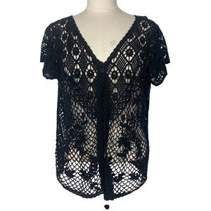 Vintage Y2K Crochet Black Short Sleeve  Cardigan Medium Cotton Whimsigoth Boho